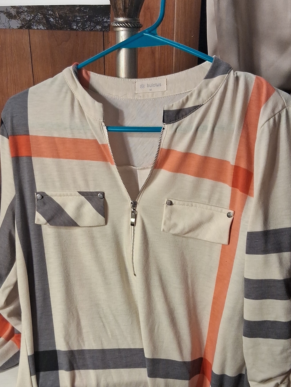 Womens Light Weight Dress Shirt With Colors Of Gray Orange And Off White